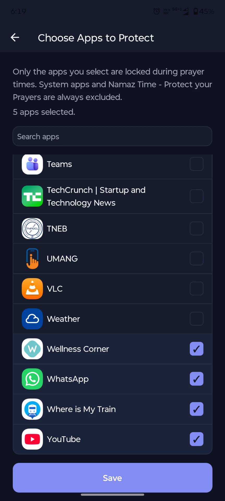 Choose Apps to Protect screen with selected Android apps