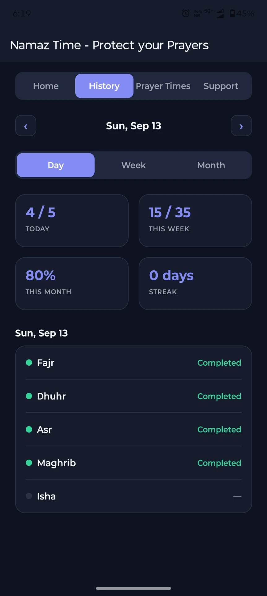 Daily Namaz Time prayer history with completion status